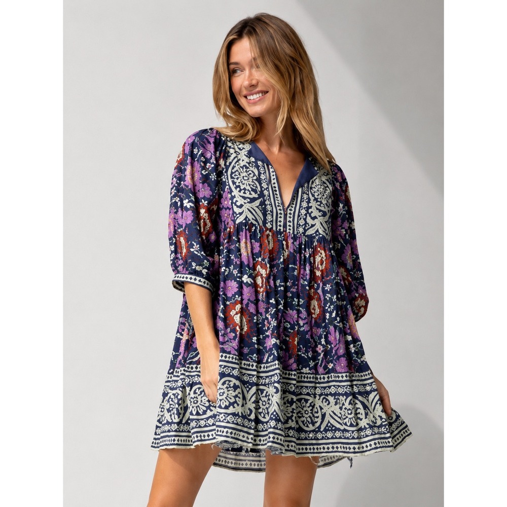 Natural Life Navy Blue Floral Paisley Boho Babydoll Mini Dress XS Cotton Balloon